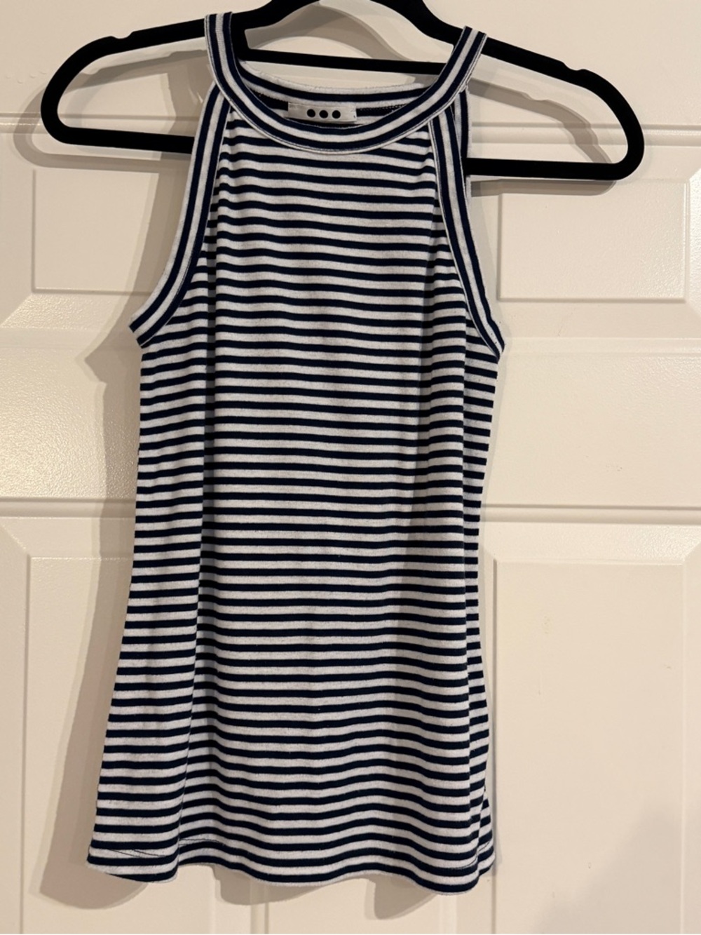 Three dots navy blue white stripe high neck tank top sz small